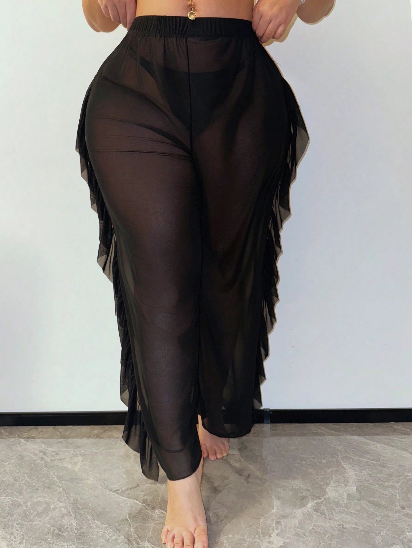 Slaydiva Plus Size Sheer Ruffle Trim Cover-Up Top And Pants
