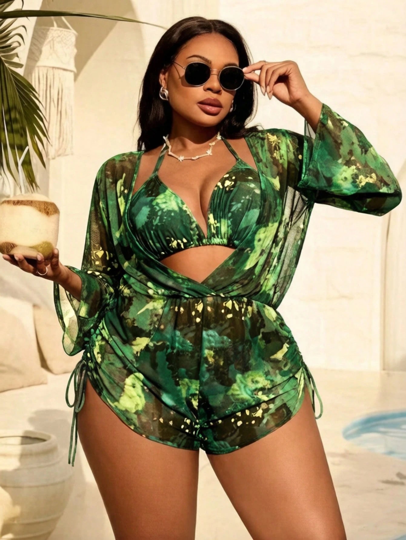 Slaydiva Plus Size Women 3-Piece Tie-Dye Halter Bikini Set With Long Sleeve Pants And Mesh Cover Up, Fashionable Vacation Beach SwimwearLong Sleeve Cover Up