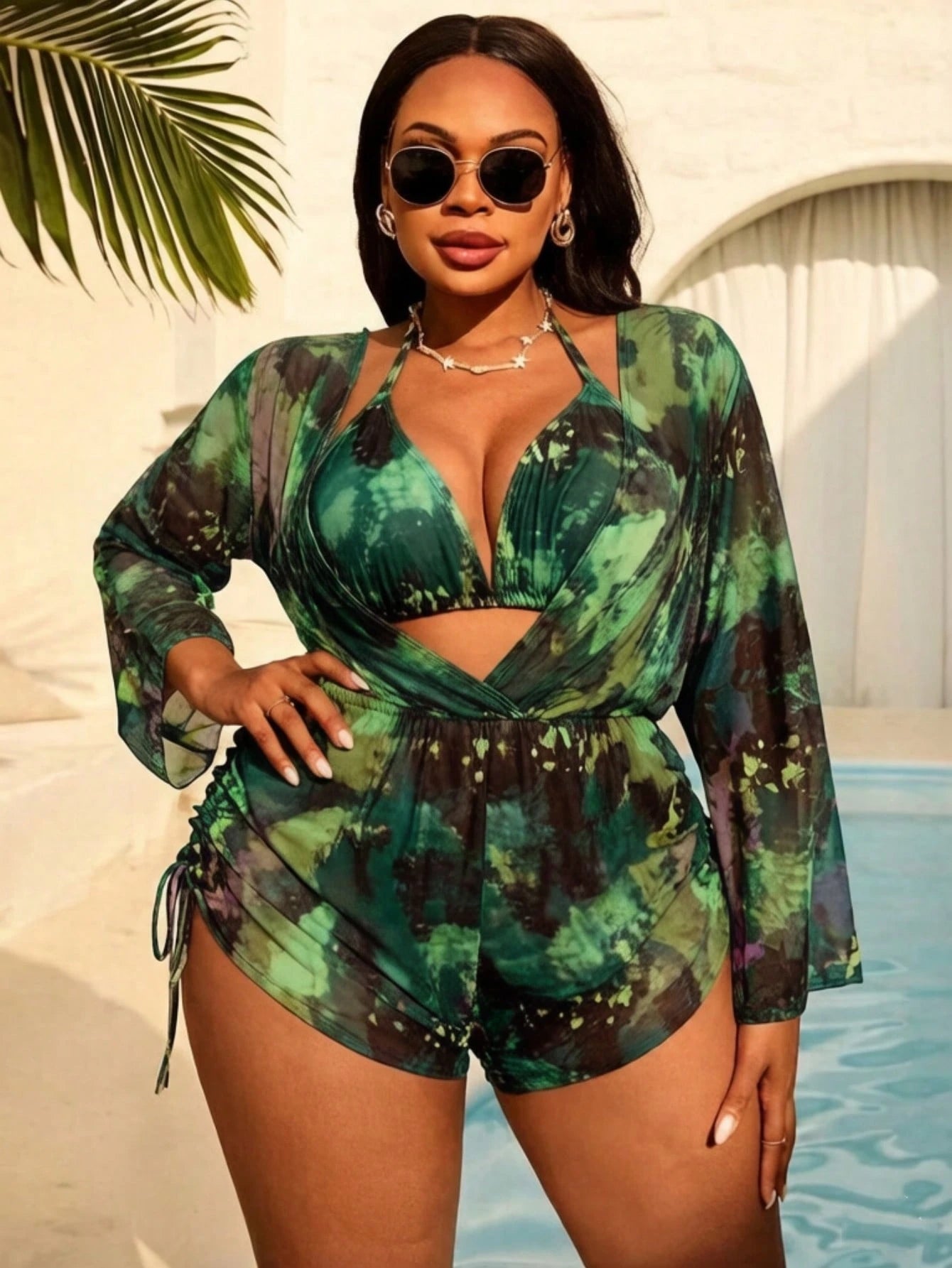 Slaydiva Plus Size Women 3-Piece Tie-Dye Halter Bikini Set With Long Sleeve Pants And Mesh Cover Up, Fashionable Vacation Beach SwimwearLong Sleeve Cover Up