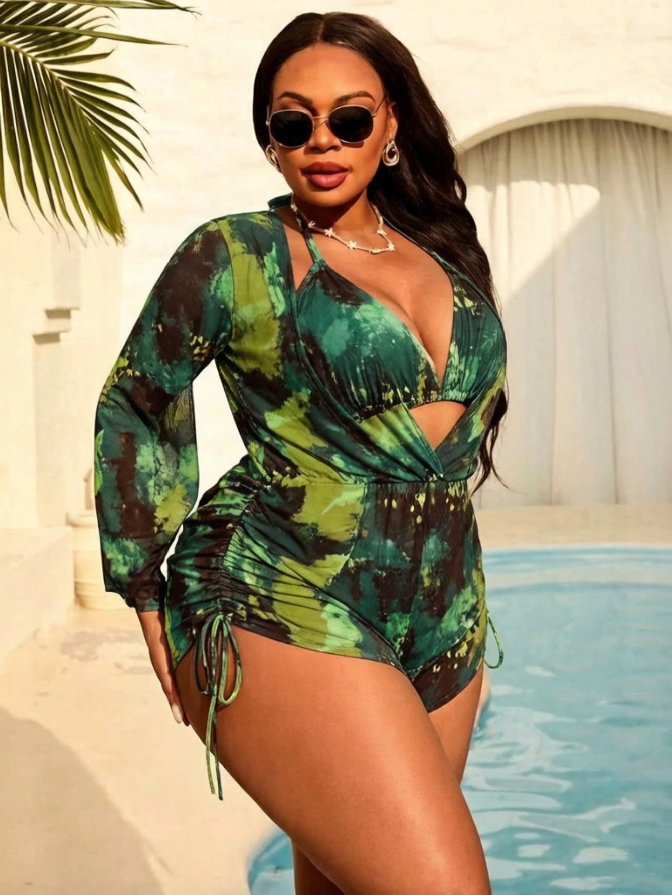 Slaydiva Plus Size Women 3-Piece Tie-Dye Halter Bikini Set With Long Sleeve Pants And Mesh Cover Up, Fashionable Vacation Beach SwimwearLong Sleeve Cover Up