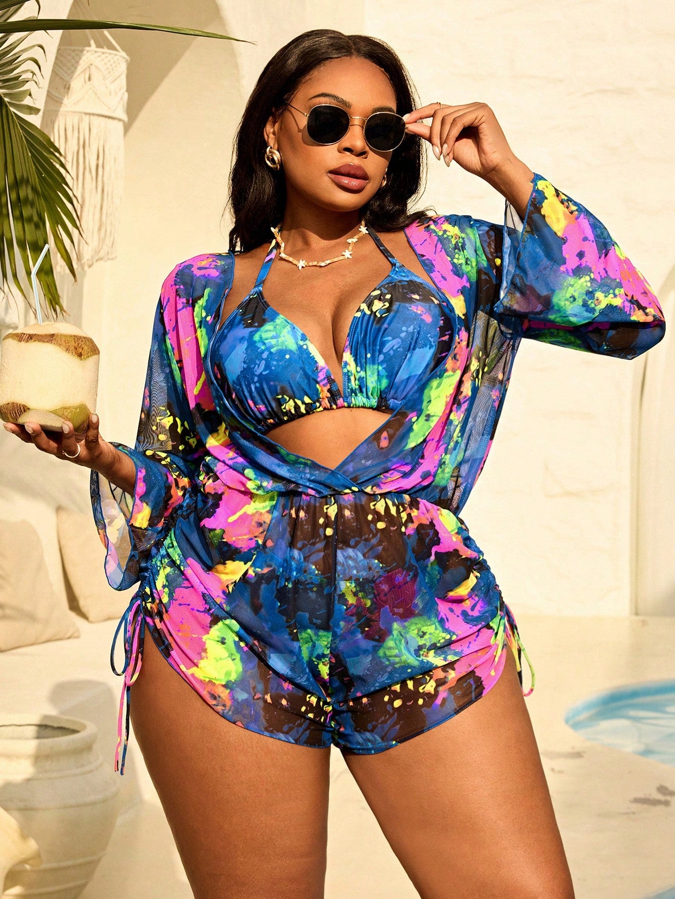 Slaydiva Plus Size Women 3-Piece Tie-Dye Halter Bikini Set With Long Sleeve Pants And Mesh Cover Up, Fashionable Vacation Beach SwimwearLong Sleeve Cover Up