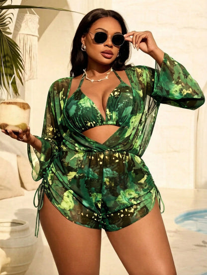 Slaydiva Plus Size Women 3-Piece Tie-Dye Halter Bikini Set With Long Sleeve Pants And Mesh Cover Up, Fashionable Vacation Beach SwimwearLong Sleeve Cover Up