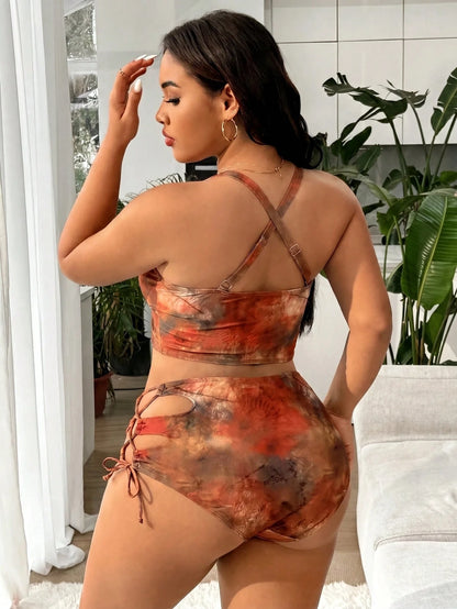 Slaydiva Plus Size Women Ruched Tie-Up Hollow Out Cropped Tankini Top And Triangle Bottoms Swimwear Set