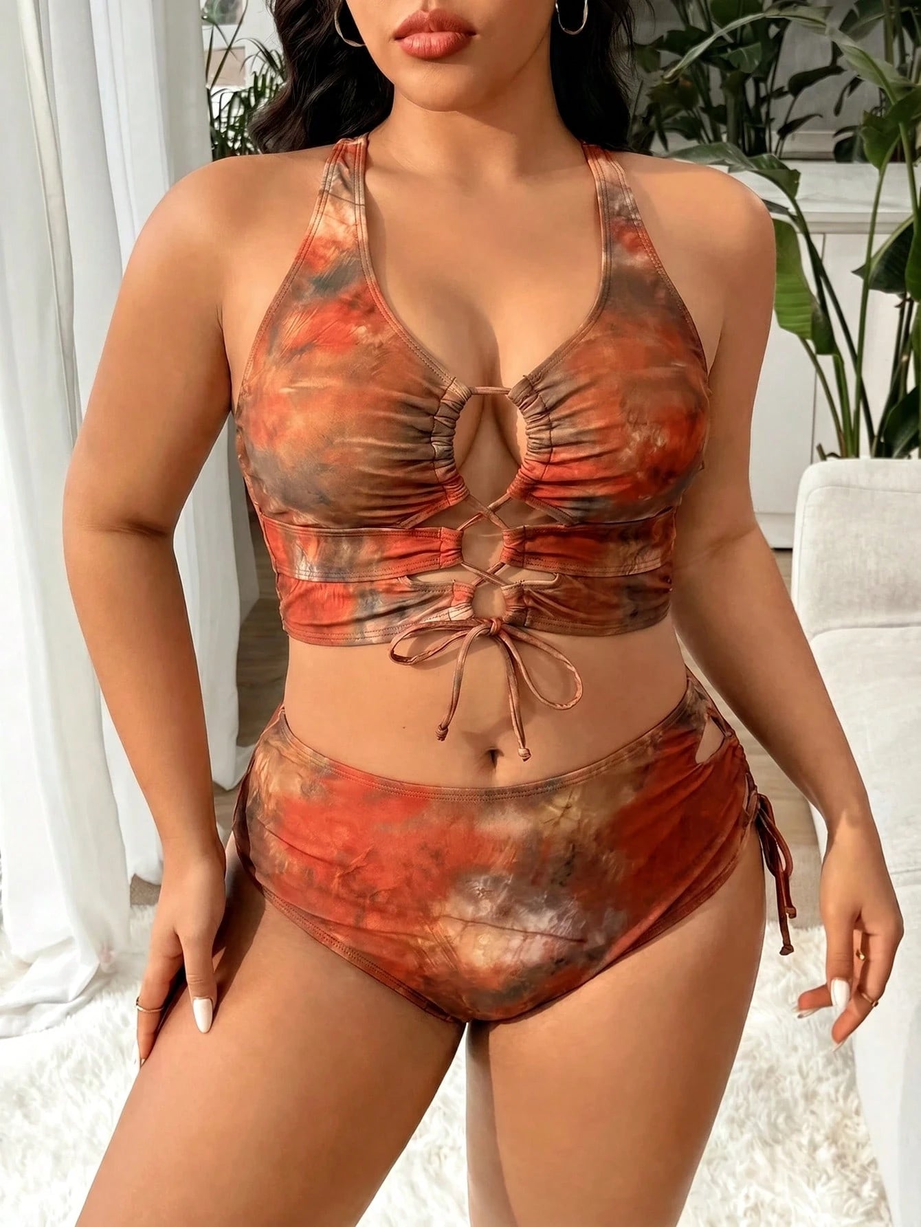 Slaydiva Plus Size Women Ruched Tie-Up Hollow Out Cropped Tankini Top And Triangle Bottoms Swimwear Set