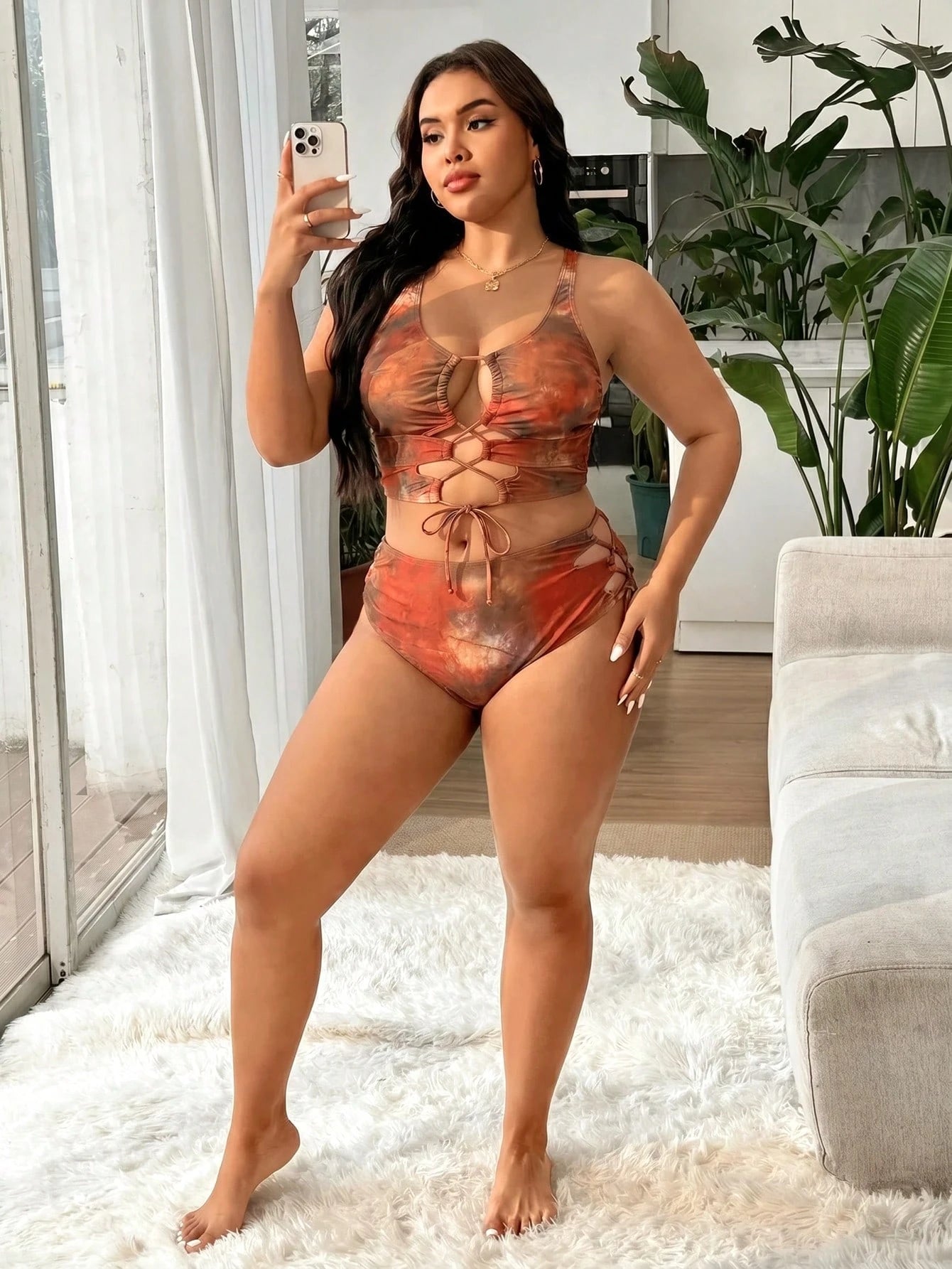 Slaydiva Plus Size Women Ruched Tie-Up Hollow Out Cropped Tankini Top And Triangle Bottoms Swimwear Set