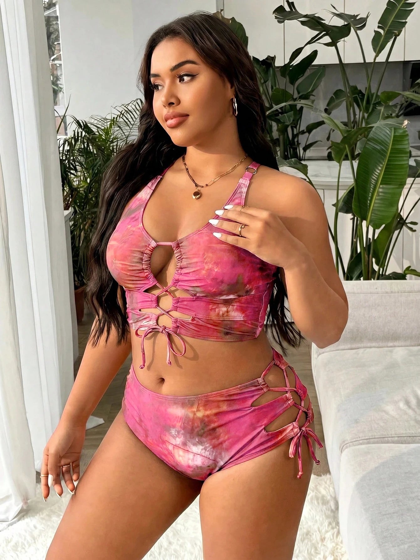 Slaydiva Plus Size Women Ruched Tie-Up Hollow Out Cropped Tankini Top And Triangle Bottoms Swimwear Set