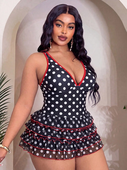 Slaydiva Plus Size Women's 1 Piece Random Leopard Print Elegant Flounce Casual One-Piece Swimsuit