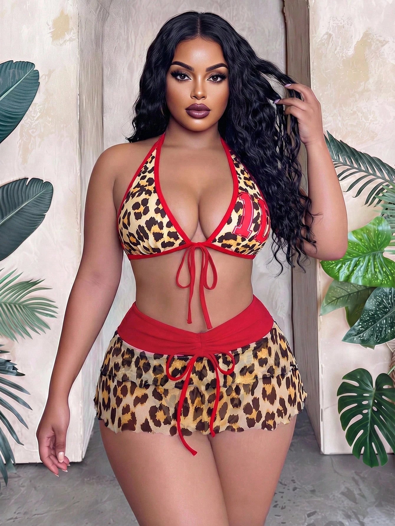 Slaydiva Plus Size Women's 3-Piece Set Leopard Print Swimsuit With Adjustable Strap Bikini,Short Mesh Skirt & Bowknot For Beige Summer Beach Vacation Holiday