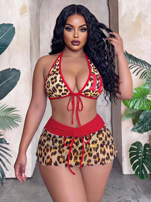 Slaydiva Plus Size Women's 3-Piece Set Leopard Print Swimsuit With Adjustable Strap Bikini,Short Mesh Skirt & Bowknot For Beige Summer Beach Vacation Holiday