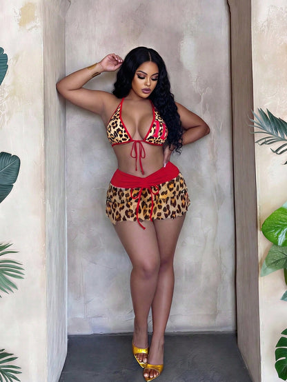 Slaydiva Plus Size Women's 3-Piece Set Leopard Print Swimsuit With Adjustable Strap Bikini,Short Mesh Skirt & Bowknot For Beige Summer Beach Vacation Holiday