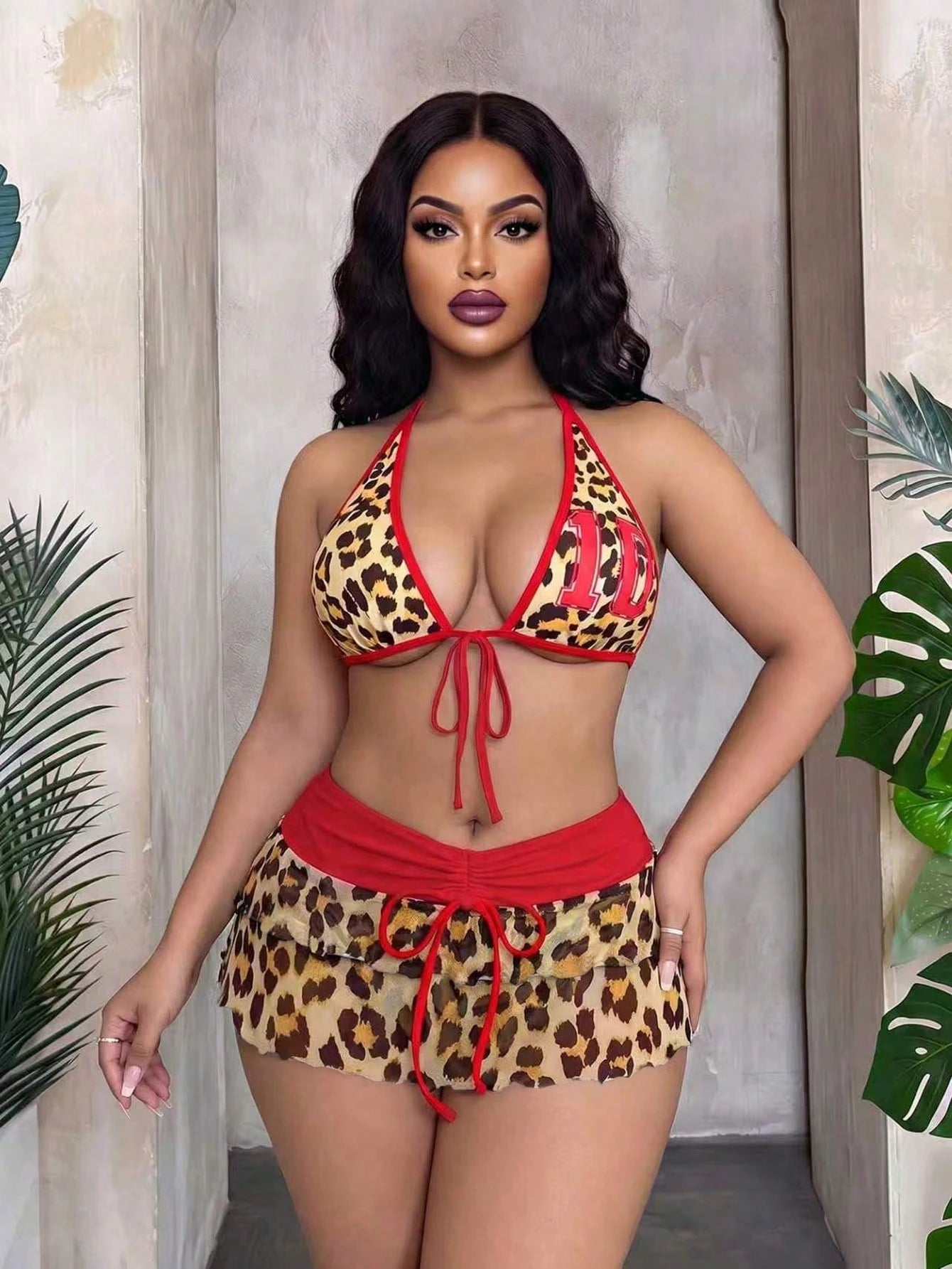 Slaydiva Plus Size Women's 3-Piece Set Leopard Print Swimsuit With Adjustable Strap Bikini,Short Mesh Skirt & Bowknot For Beige Summer Beach Vacation Holiday