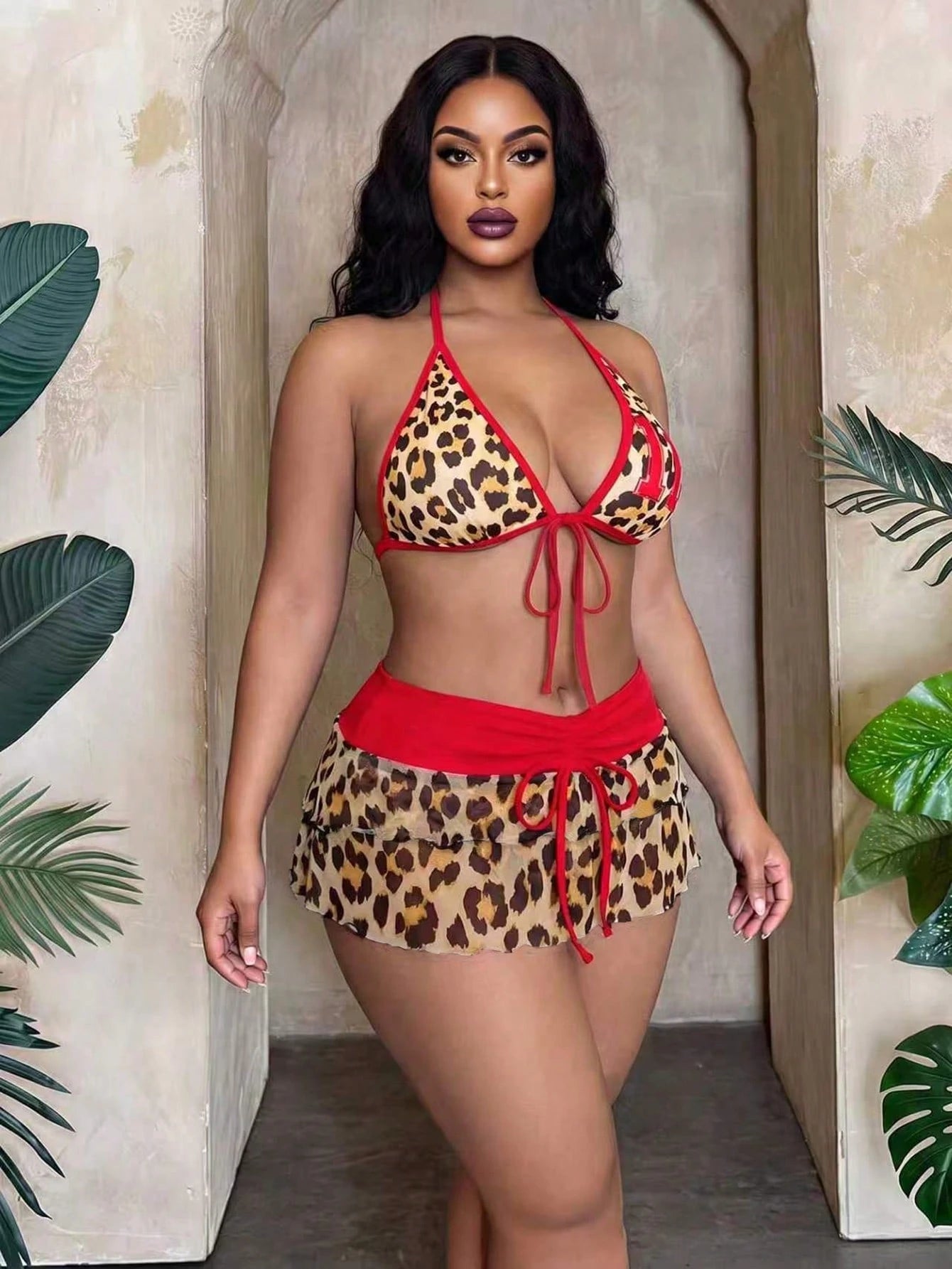Slaydiva Plus Size Women's 3-Piece Set Leopard Print Swimsuit With Adjustable Strap Bikini,Short Mesh Skirt & Bowknot For Beige Summer Beach Vacation Holiday