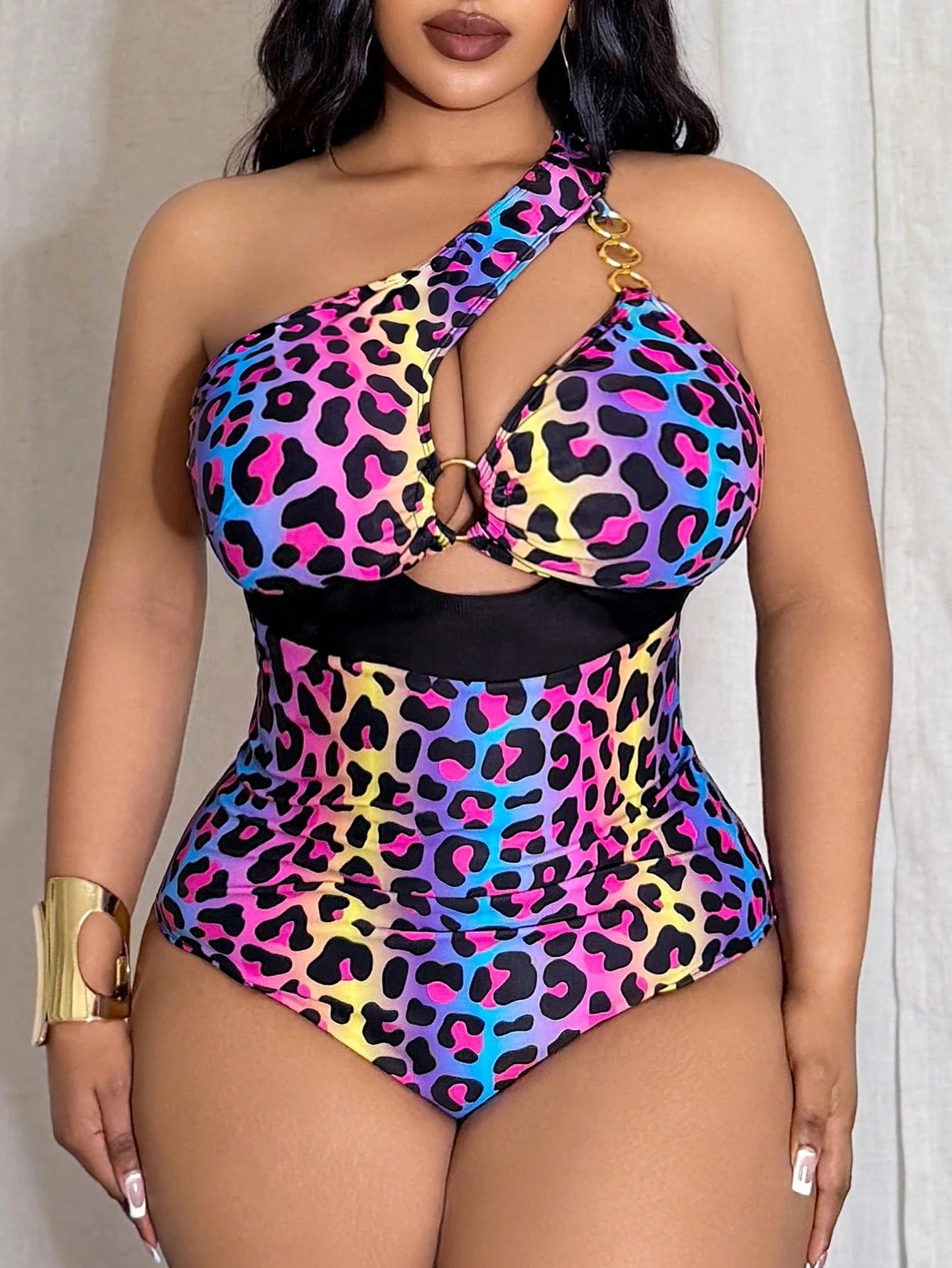 Slaydiva Plus Size Women's Colorful Leopard Print Hollow Out Christmas Vibe One-Piece Swimsuit