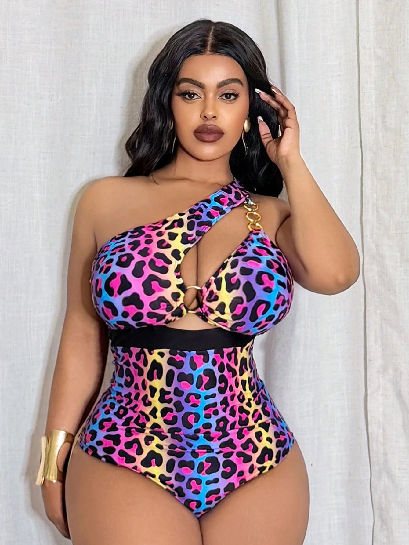 Slaydiva Plus Size Women's Colorful Leopard Print Hollow Out Christmas Vibe One-Piece Swimsuit