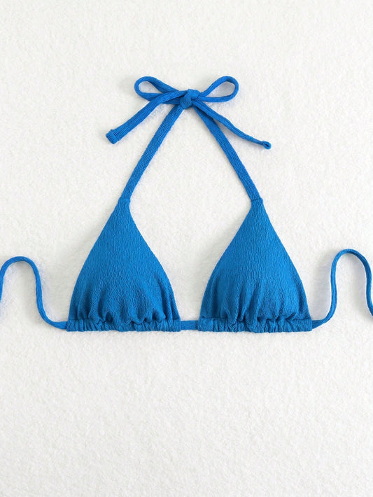 Slaydiva Plus Size Women's Solid Color Halter Bikini Top For Summer Beach Holiday Aqua Blue
