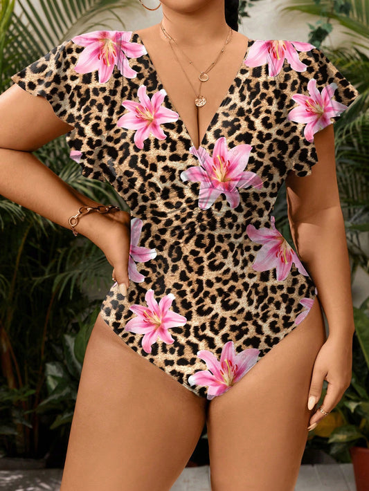 Slaydiva Plus Size Women's Solid Color V-Neck Ruffled Sleeve Cinched Waist Open Back Elegant Resort One-Piece Swimsuit