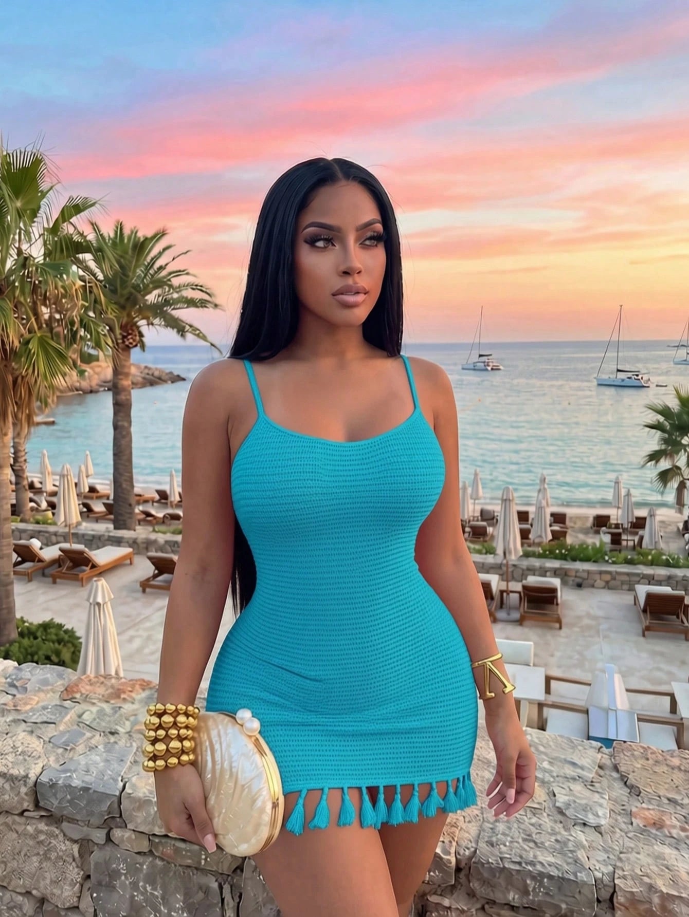 Slaydiva Spring Summer Teal Blue Holiday U-Neck Cross Back Backless Slim Mini Cami Dress Tassel Hem Diamond Plaid Women's Dress Beach Vacation Sexy