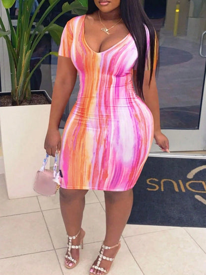 Slaydiva Vacation Pink Tie-Dye Deep V-Neck Short Sleeve Bodycon Mini Dress