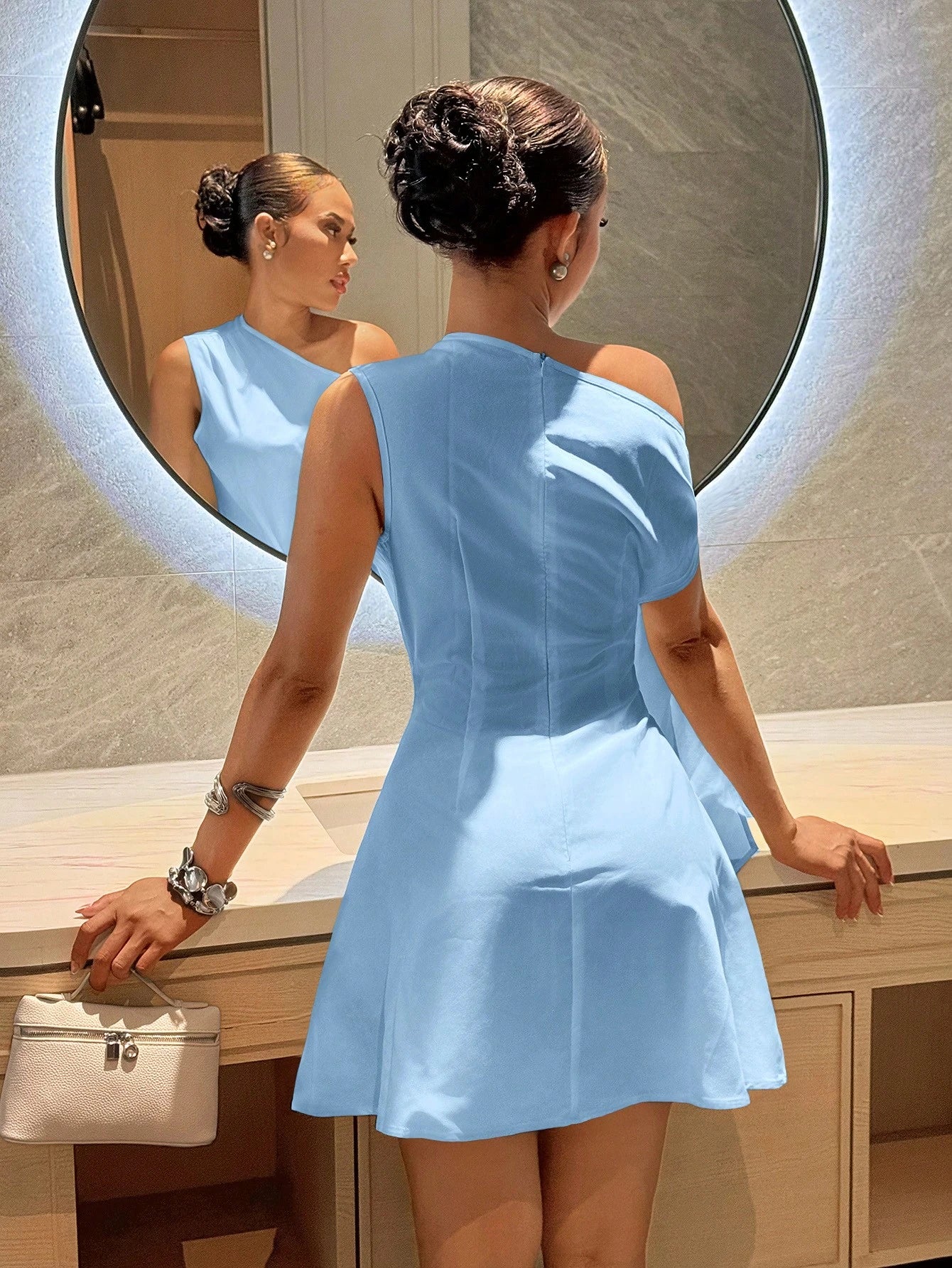 Slaydiva Women Light Blue Summer Elegant Party One-Shoulder Tie-Waist A-Line Mini Dress,Commuting Vacation Fitted Wedding Guest Beach Boho Western Casual Wear