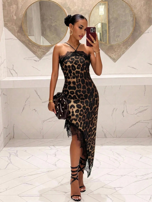 Slaydiva Women's Leopard Print Contrast Lace Sexy Halter Neck Long Dress Night Brown Summer