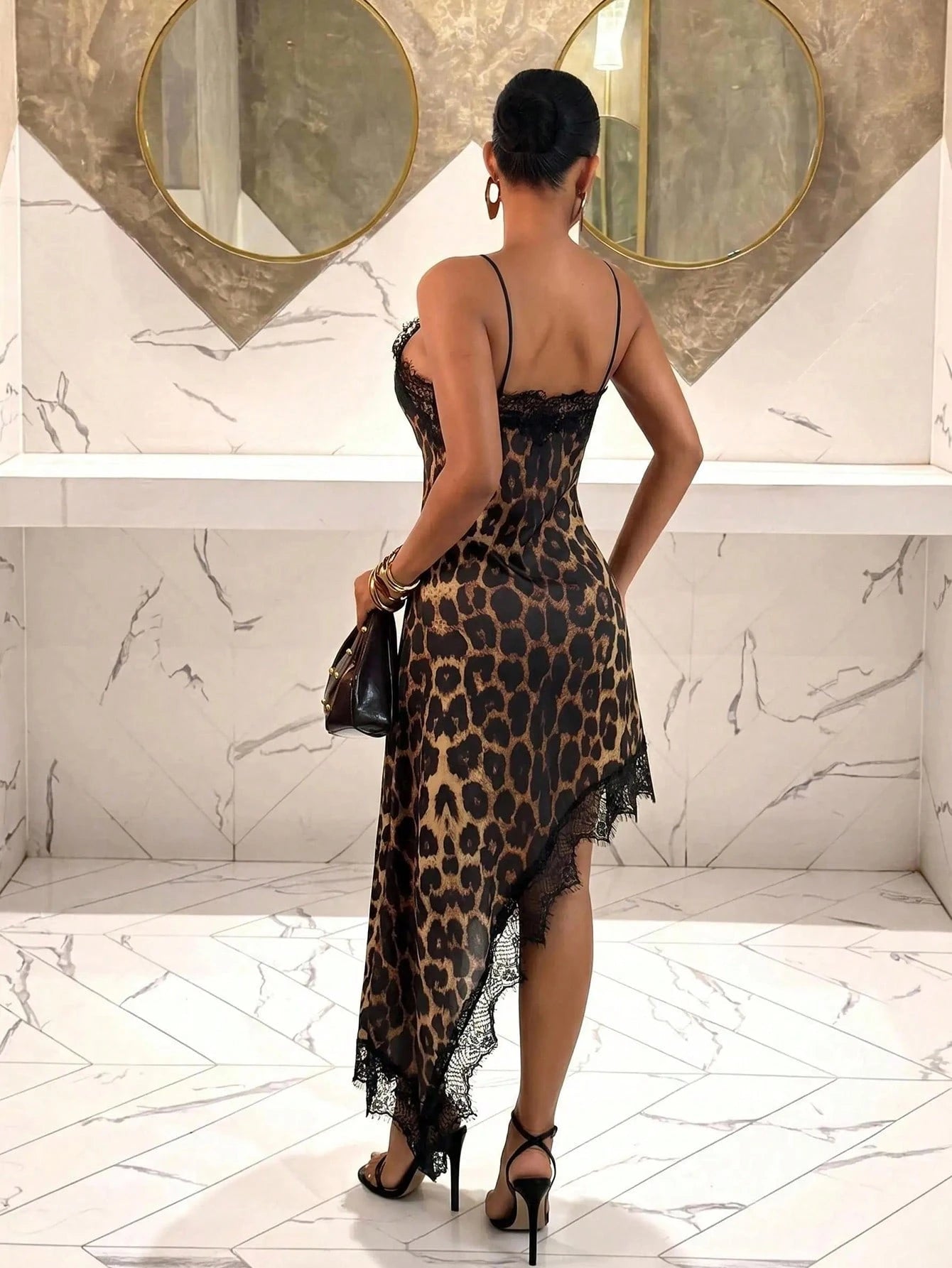 Slaydiva Women's Leopard Print Contrast Lace Sexy Halter Neck Long Dress Night Brown Summer