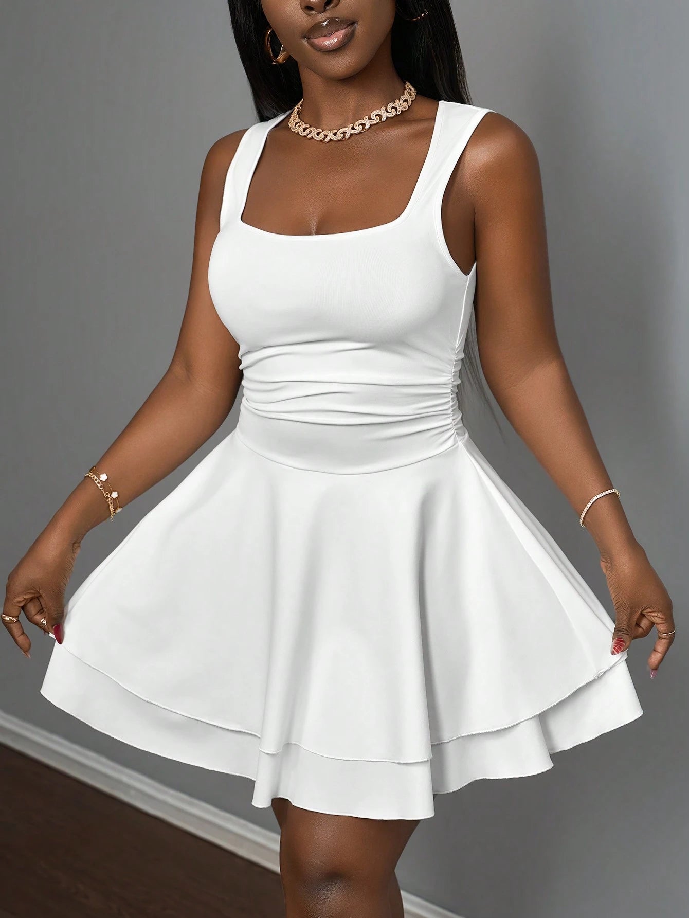 Slaydiva Women's Summer Basic Casual Sexy Elegant Sweet Square Neck Sleeveless Ruched Flared Short Dress- D,Business Casual Woman Party Night Night Out White