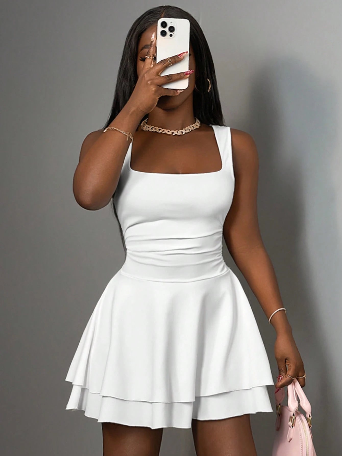 Slaydiva Women's Summer Basic Casual Sexy Elegant Sweet Square Neck Sleeveless Ruched Flared Short Dress- D,Business Casual Woman Party Night Night Out White