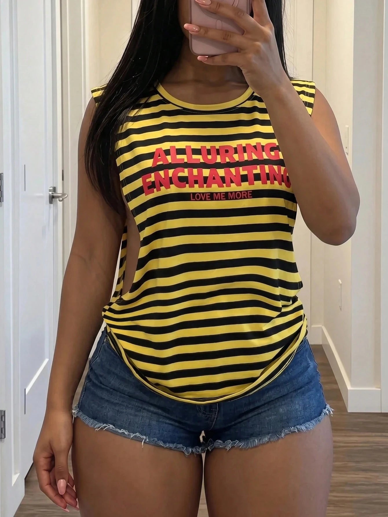 Slaydiva Women's Yellow Summer Casual Sleeveless T-Shirt,Striped Print Round Neck Top With Hollow Side Seam,Streetwear City Break Red English Logo Print Y2K