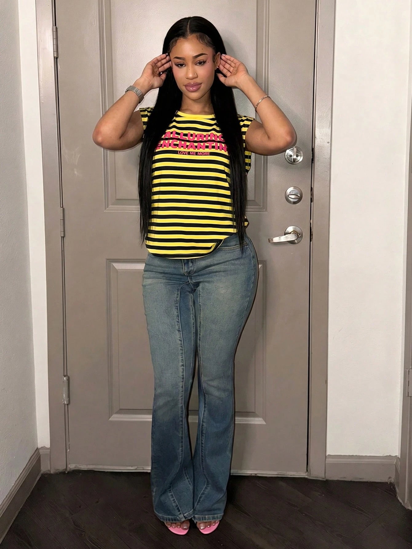 Slaydiva Women's Yellow Summer Casual Sleeveless T-Shirt,Striped Print Round Neck Top With Hollow Side Seam,Streetwear City Break Red English Logo Print Y2K