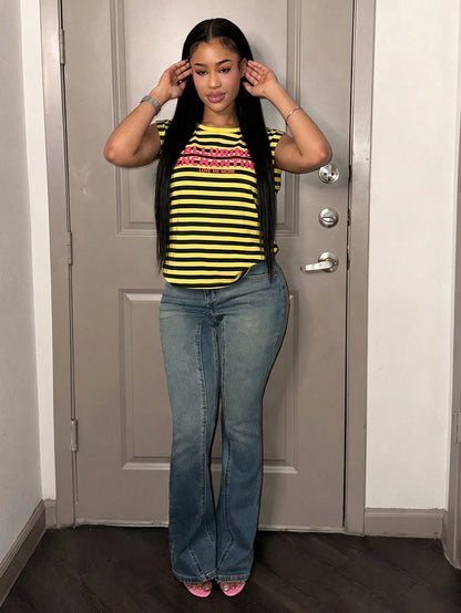 Slaydiva Women's Yellow Summer Casual Sleeveless T-Shirt,Striped Print Round Neck Top With Hollow Side Seam,Streetwear City Break Red English Logo Print Y2K