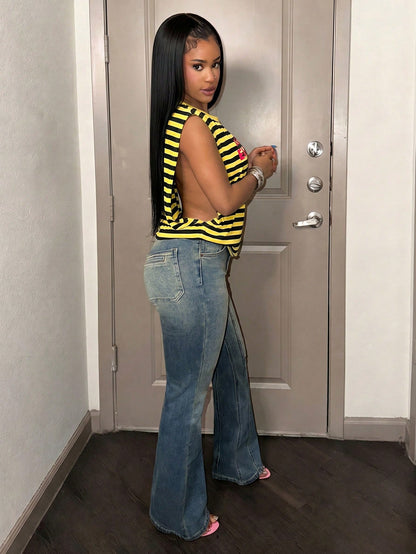 Slaydiva Women's Yellow Summer Casual Sleeveless T-Shirt,Striped Print Round Neck Top With Hollow Side Seam,Streetwear City Break Red English Logo Print Y2K