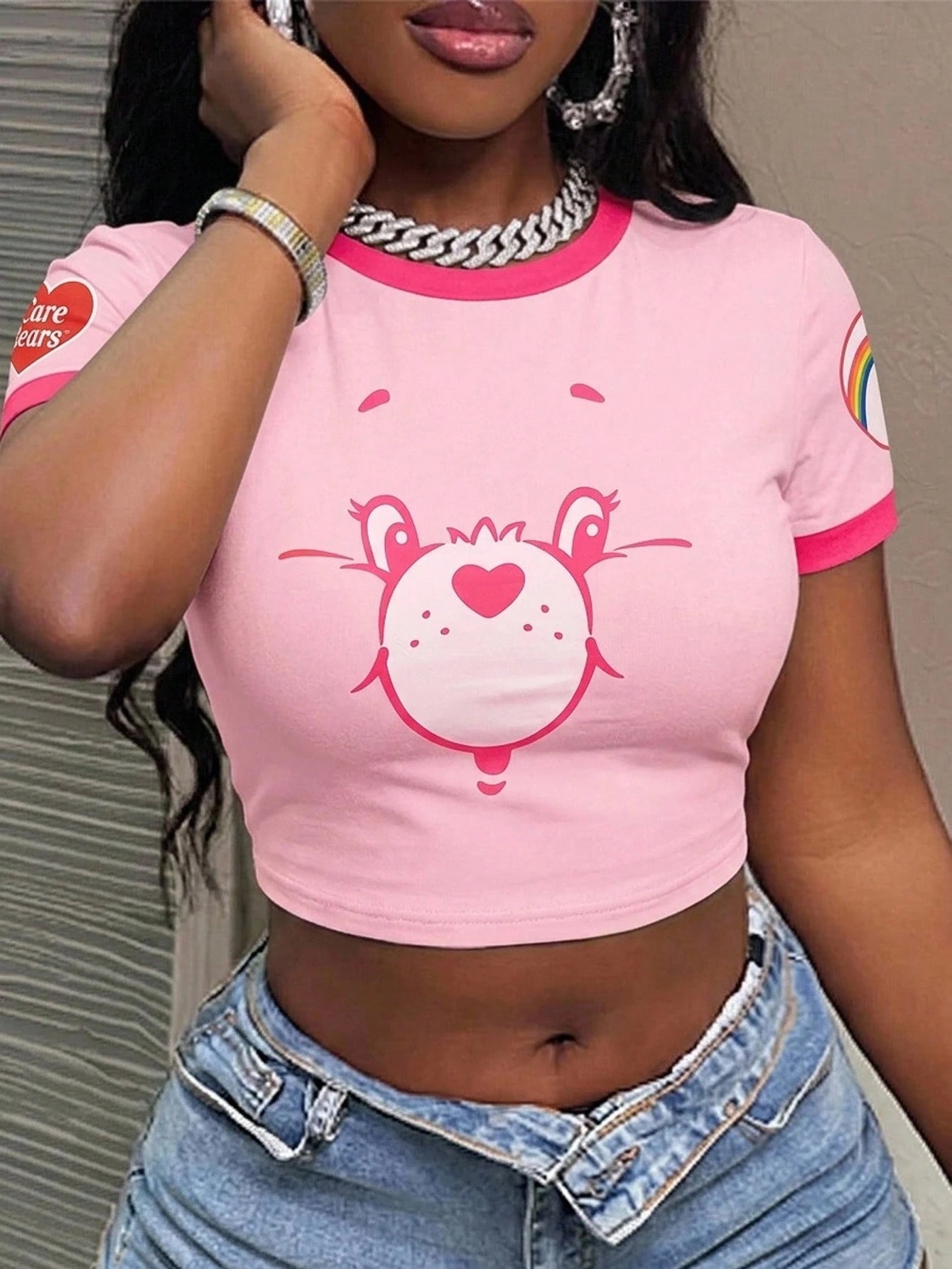 Slaydiva X Care Bears Casual Cute Style Pink Print Contrast Color Trim Fitted Cropped Women T-Shirt, Suitable For Spring & Summer