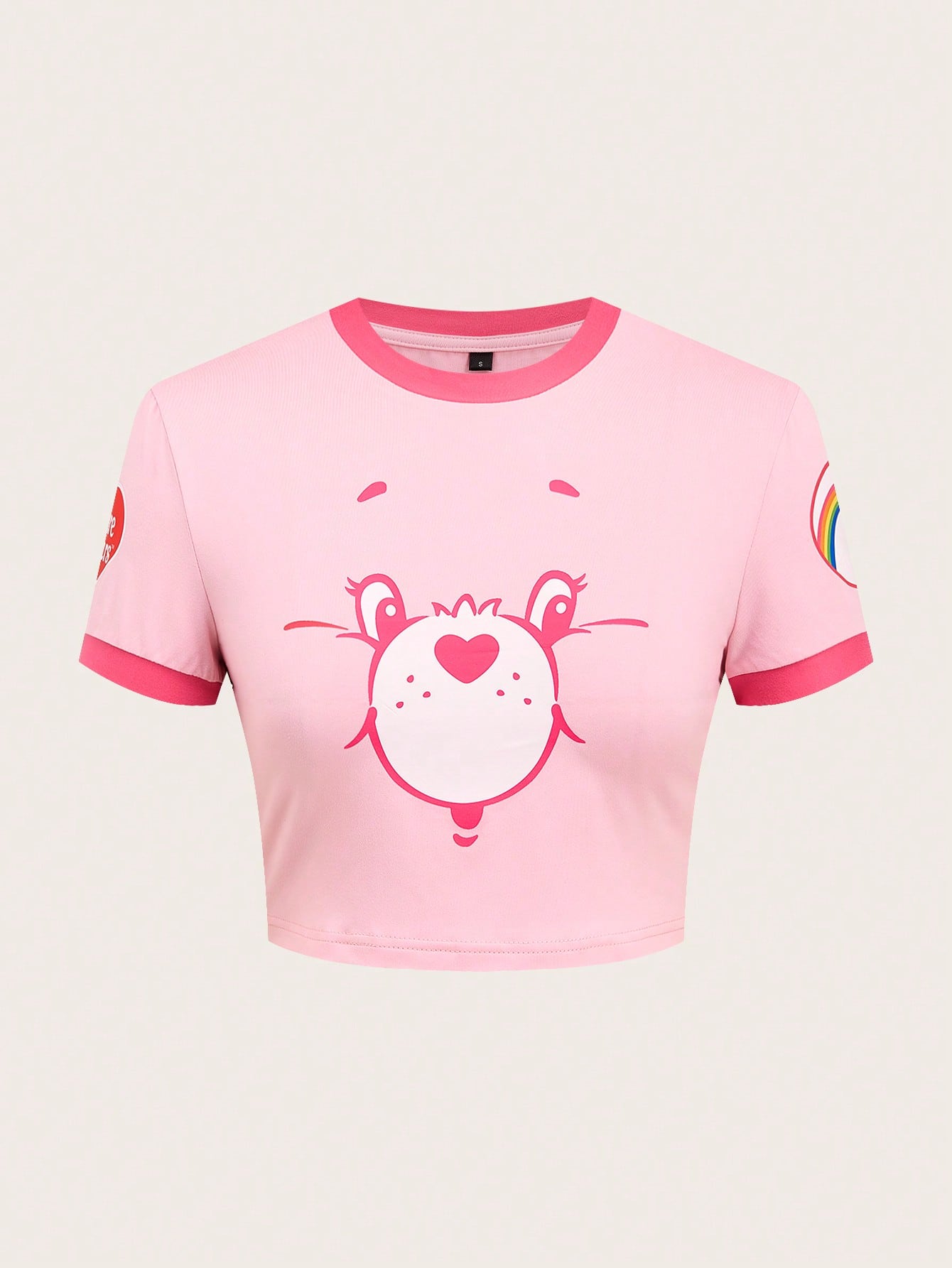 Slaydiva X Care Bears Casual Cute Style Pink Print Contrast Color Trim Fitted Cropped Women T-Shirt, Suitable For Spring & Summer