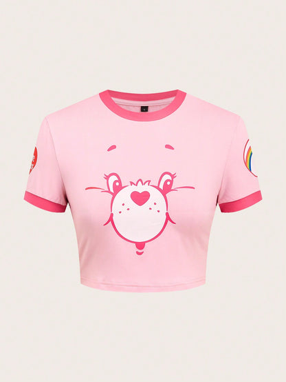 Slaydiva X Care Bears Casual Cute Style Pink Print Contrast Color Trim Fitted Cropped Women T-Shirt, Suitable For Spring & Summer