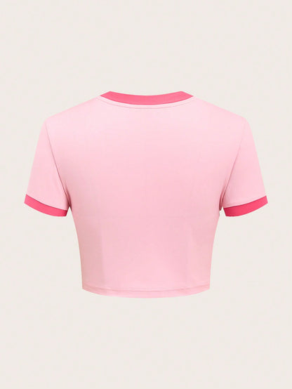 Slaydiva X Care Bears Casual Cute Style Pink Print Contrast Color Trim Fitted Cropped Women T-Shirt, Suitable For Spring & Summer