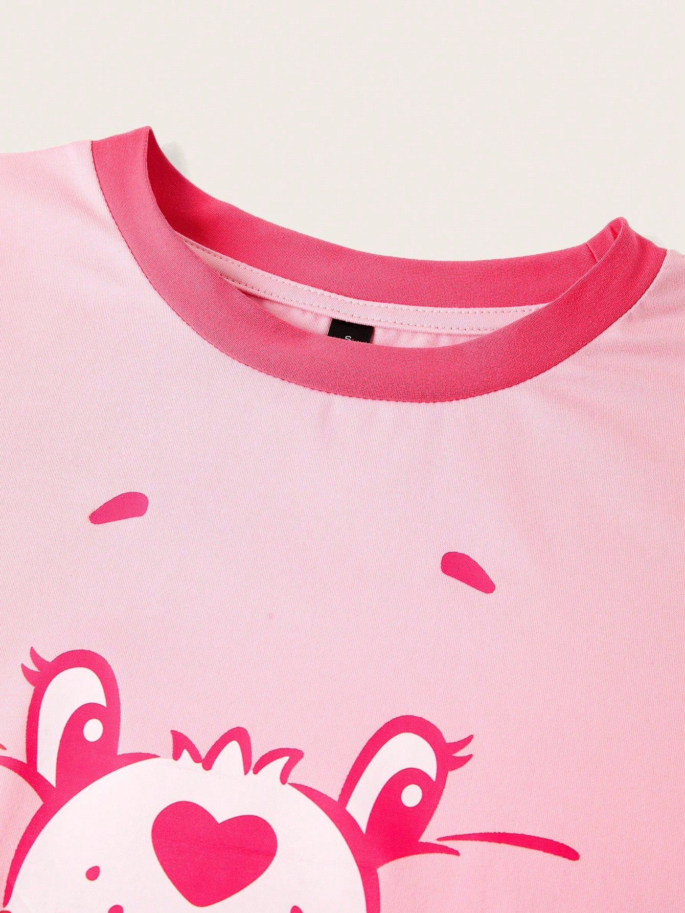 Slaydiva X Care Bears Casual Cute Style Pink Print Contrast Color Trim Fitted Cropped Women T-Shirt, Suitable For Spring & Summer