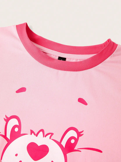 Slaydiva X Care Bears Casual Cute Style Pink Print Contrast Color Trim Fitted Cropped Women T-Shirt, Suitable For Spring & Summer
