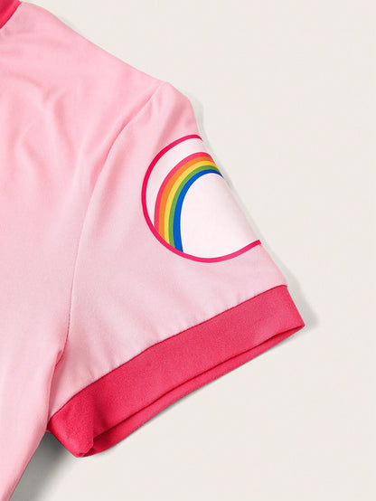 Slaydiva X Care Bears Casual Cute Style Pink Print Contrast Color Trim Fitted Cropped Women T-Shirt, Suitable For Spring & Summer