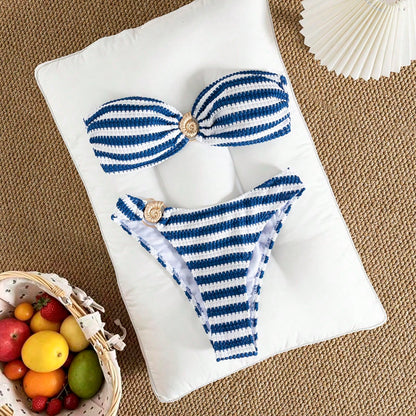 Slim Striped Women's Two Pieces Bikini, Sexy European Strapless Style. Chic Split Swim Set, Bestseller For Summer Beach Vacations