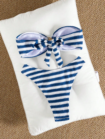 Slim Striped Women's Two Pieces Bikini, Sexy European Strapless Style. Chic Split Swim Set, Bestseller For Summer Beach Vacations