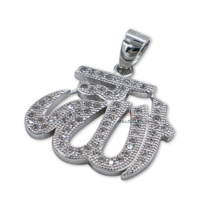 Small Allah Pendant Rhodium-Plated Silver with Cubic Zirconia