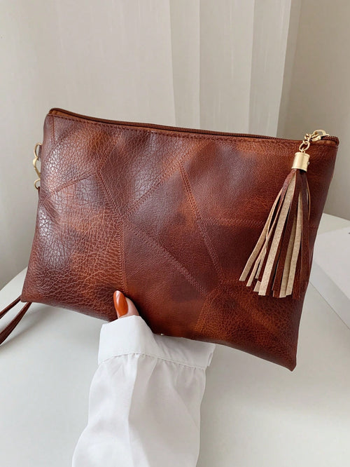 Soft Texture Retro Women's Handbag, 2026 New Textured Design Underarm Bag, Fashion Tassel Pleated Shoulder Bag, Stylish Envelope Wristlet [Patchwork Placement Random]