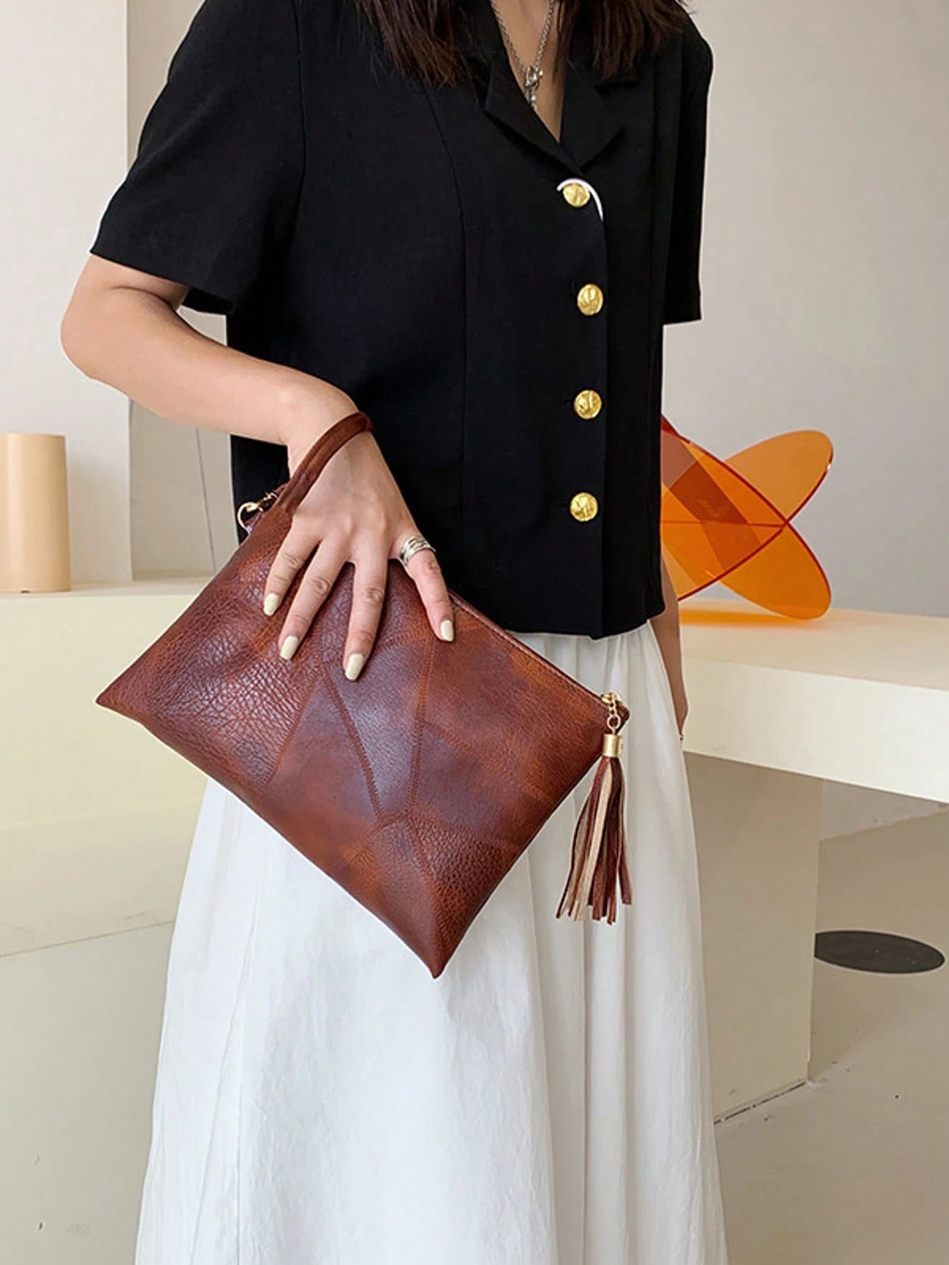 Soft Texture Retro Women's Handbag, 2026 New Textured Design Underarm Bag, Fashion Tassel Pleated Shoulder Bag, Stylish Envelope Wristlet [Patchwork Placement Random]
