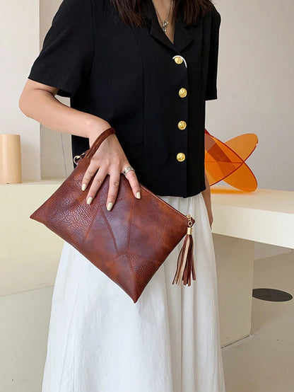 Soft Texture Retro Women's Handbag, 2026 New Textured Design Underarm Bag, Fashion Tassel Pleated Shoulder Bag, Stylish Envelope Wristlet [Patchwork Placement Random]