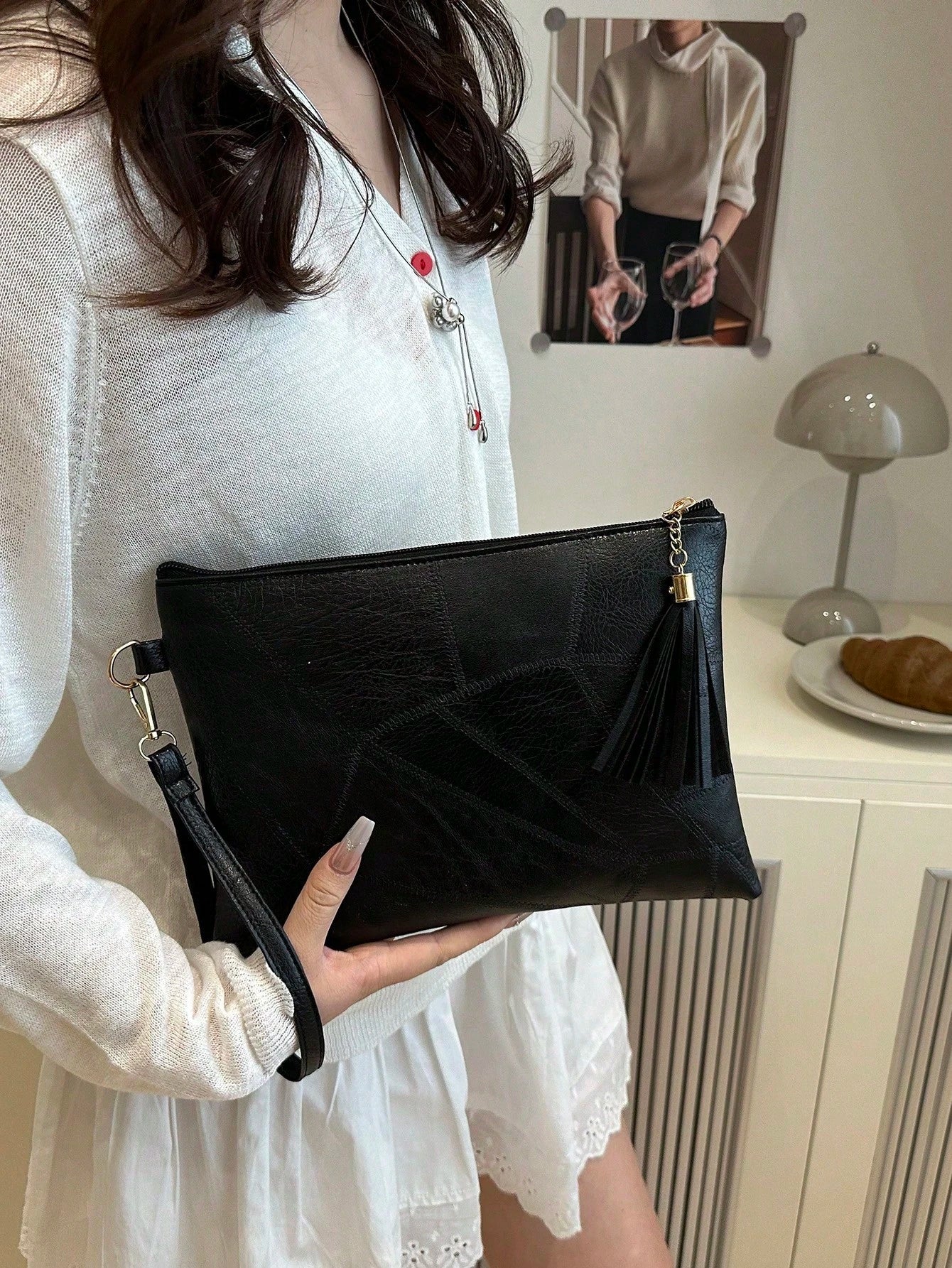 Soft Texture Retro Women's Handbag, 2026 New Textured Design Underarm Bag, Fashion Tassel Pleated Shoulder Bag, Stylish Envelope Wristlet [Patchwork Placement Random]