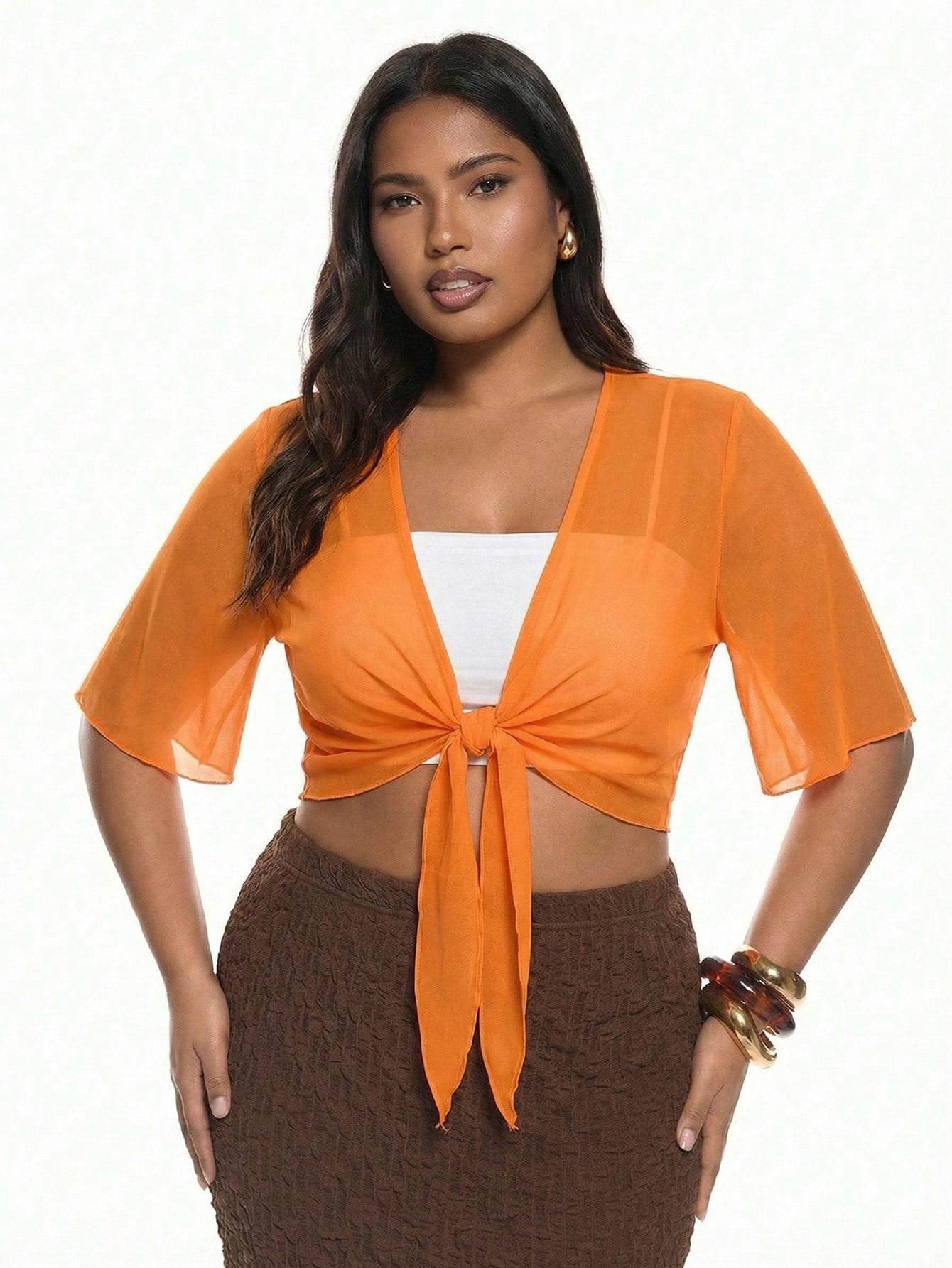 Solavibe Orange Casual Minimal Translucent Plus Size Thin Jacket