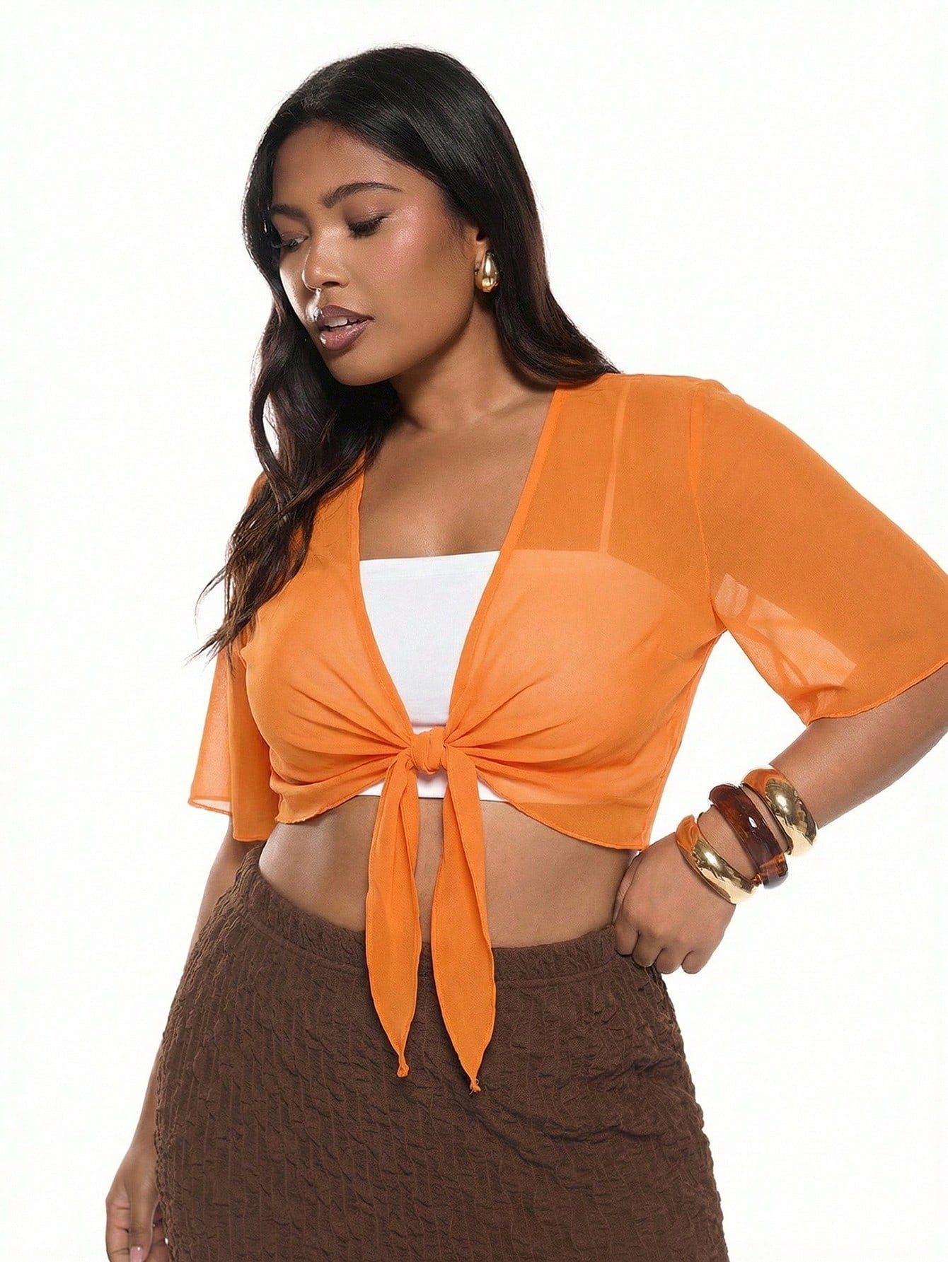 Solavibe Orange Casual Minimal Translucent Plus Size Thin Jacket