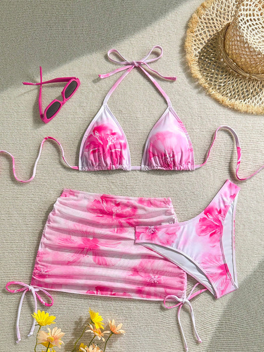 Soleia 3pcs/Set Women Floral Print Beach Bikini Set With Coverup And Mini Skirt