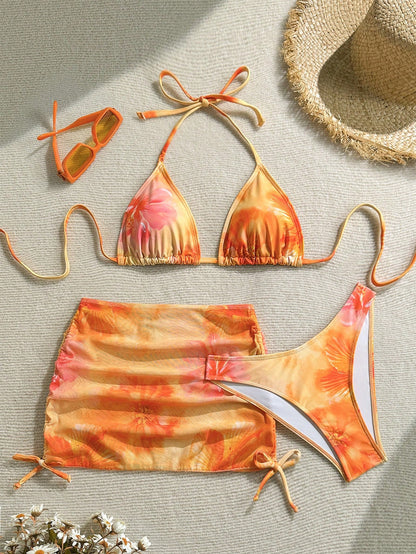 Soleia 3pcs/Set Women Floral Print Beach Bikini Set With Coverup And Mini Skirt