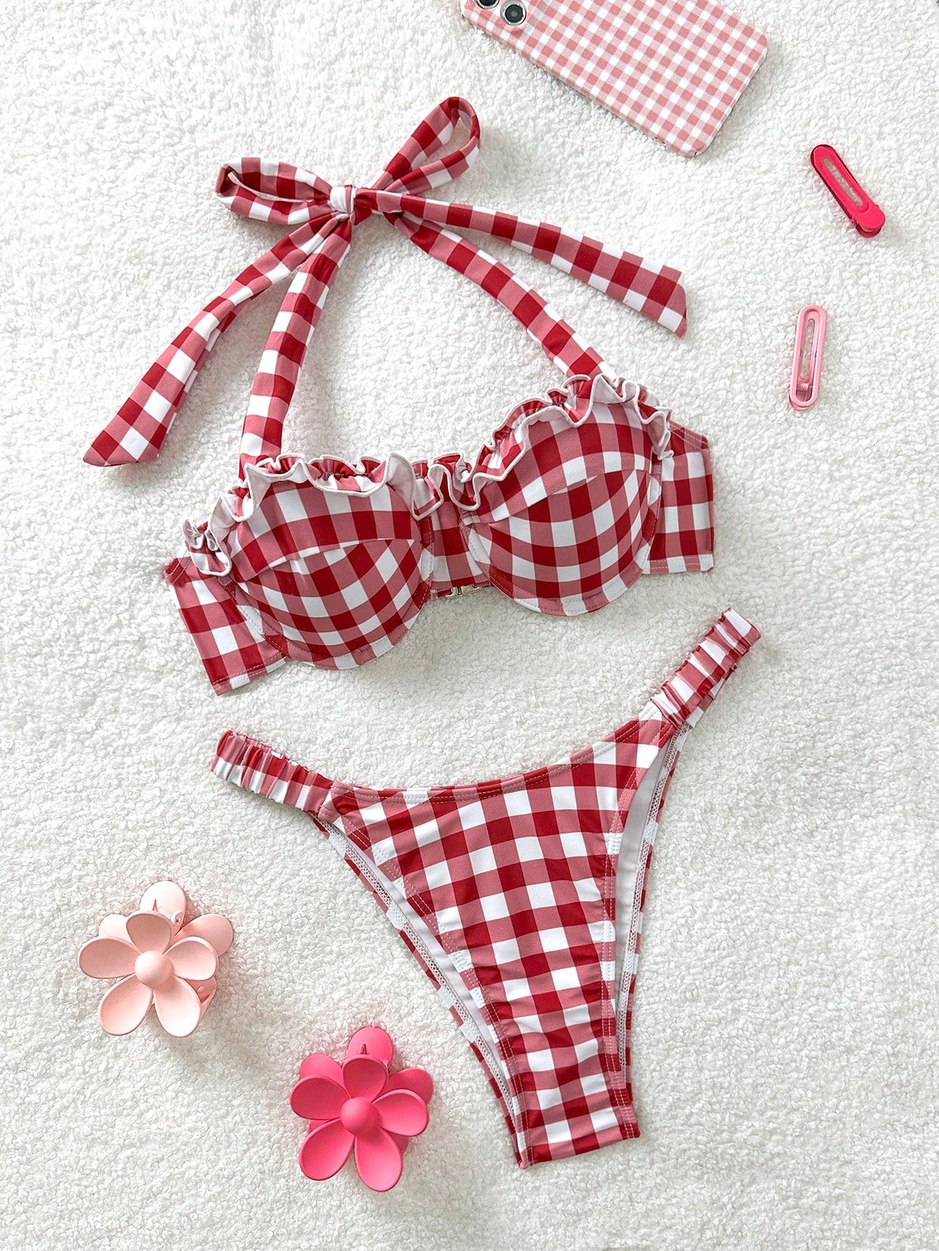 Soleia Bohemian,Boho, Romantic Floral,Vacation, Floral 2pcs Women Red & White Grid Print Swimsuit Set, For Vacation, Cute, Kawaii
